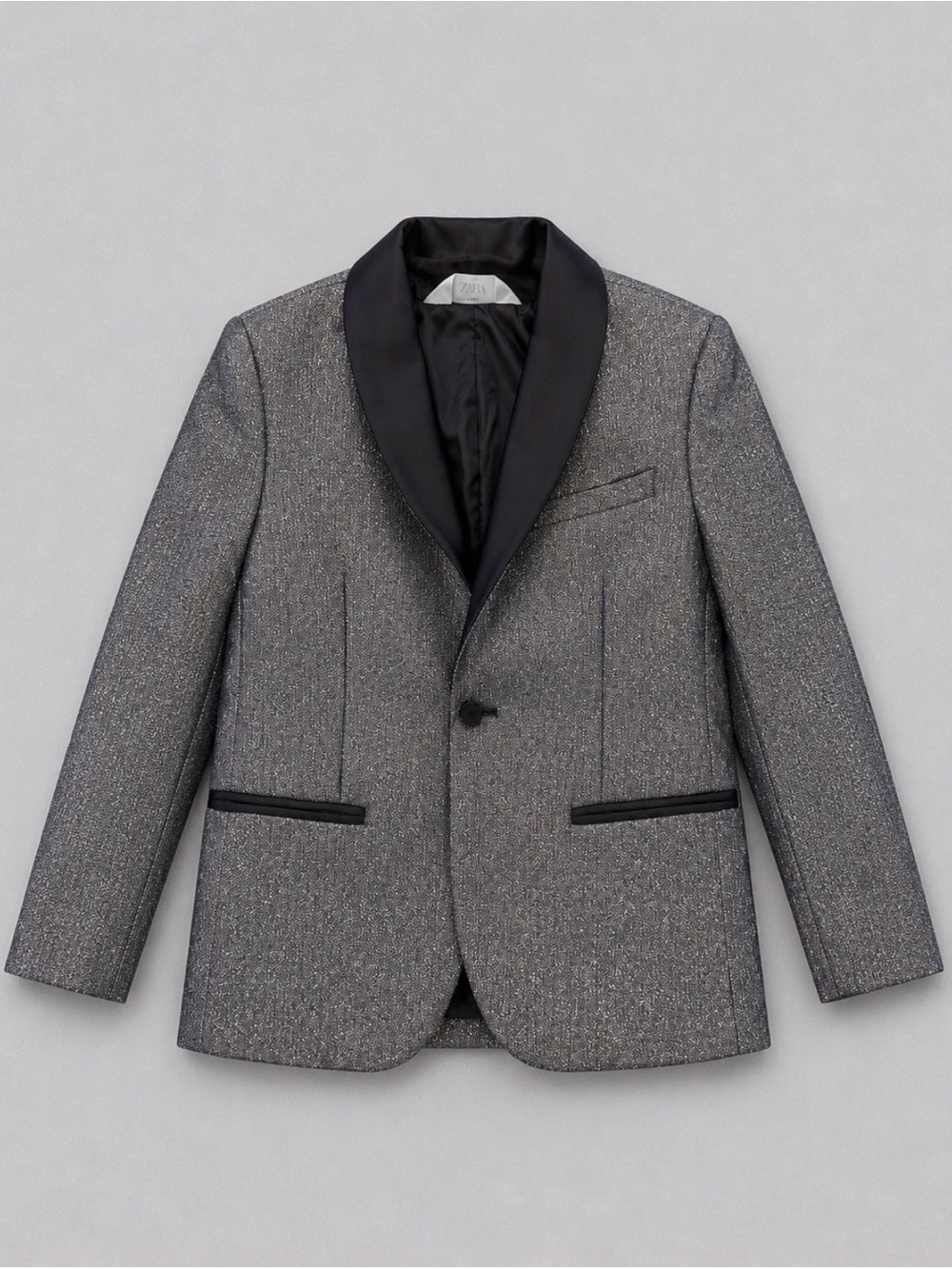 H&M Boys' Silver-Gray Sparkle Blazer with Black Satin Lapel